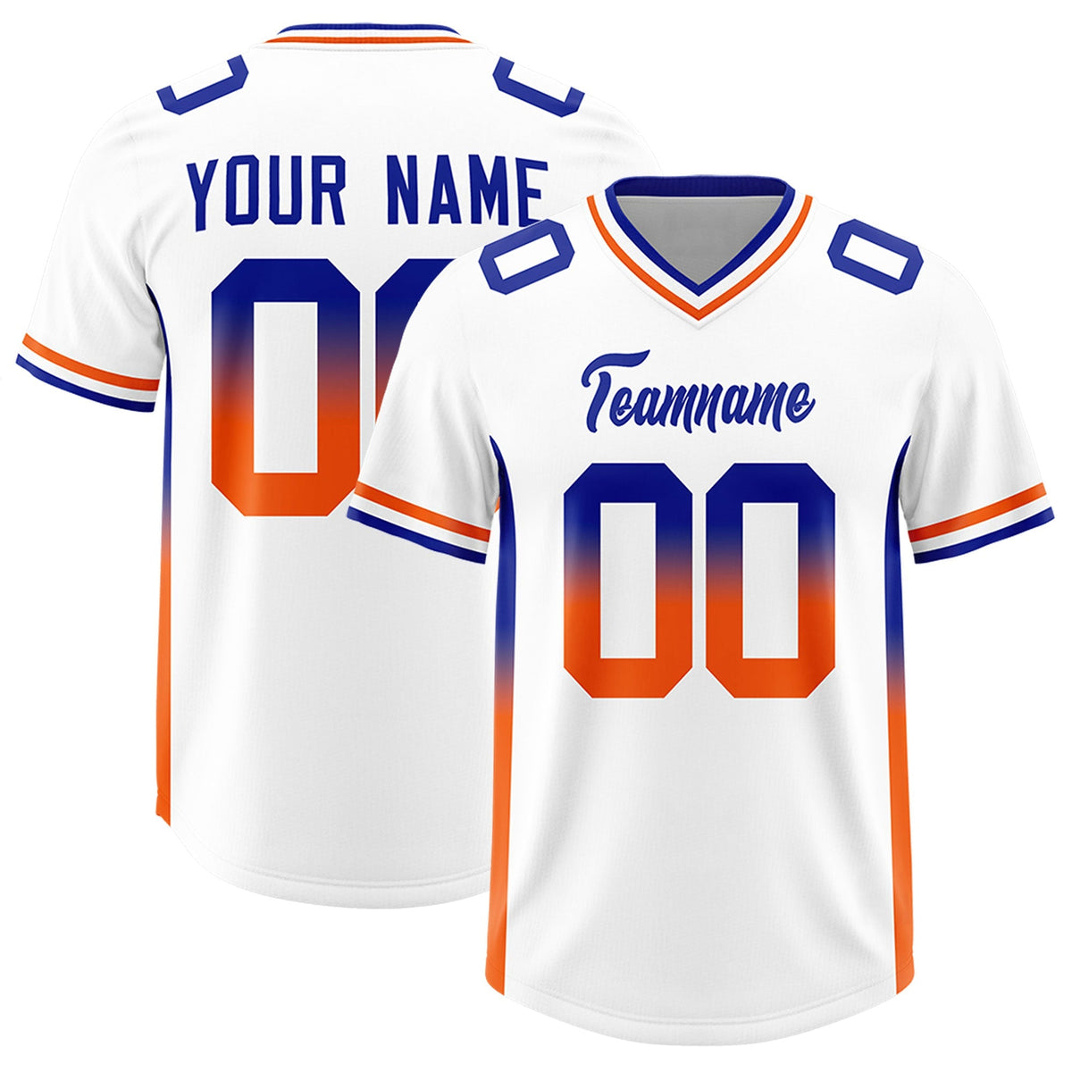 Custom White Royal and Orange Sides Gradient Fashion Personalized Team American Football Jersey