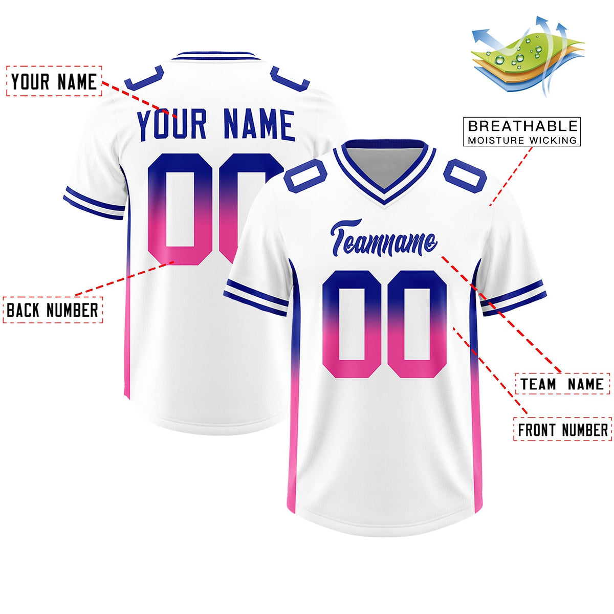 Custom White Royal and Pink Sides Gradient Fashion Personalized Team American Football Jersey