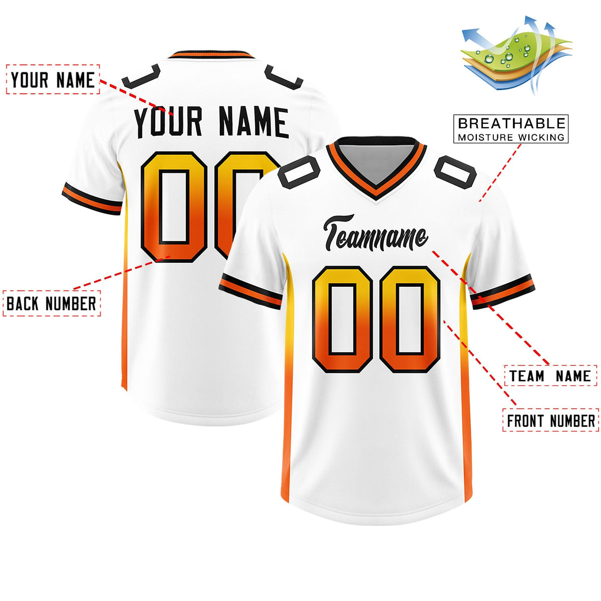 Custom White Gold Sides Gradient Fashion Personalized Team American Football Jersey