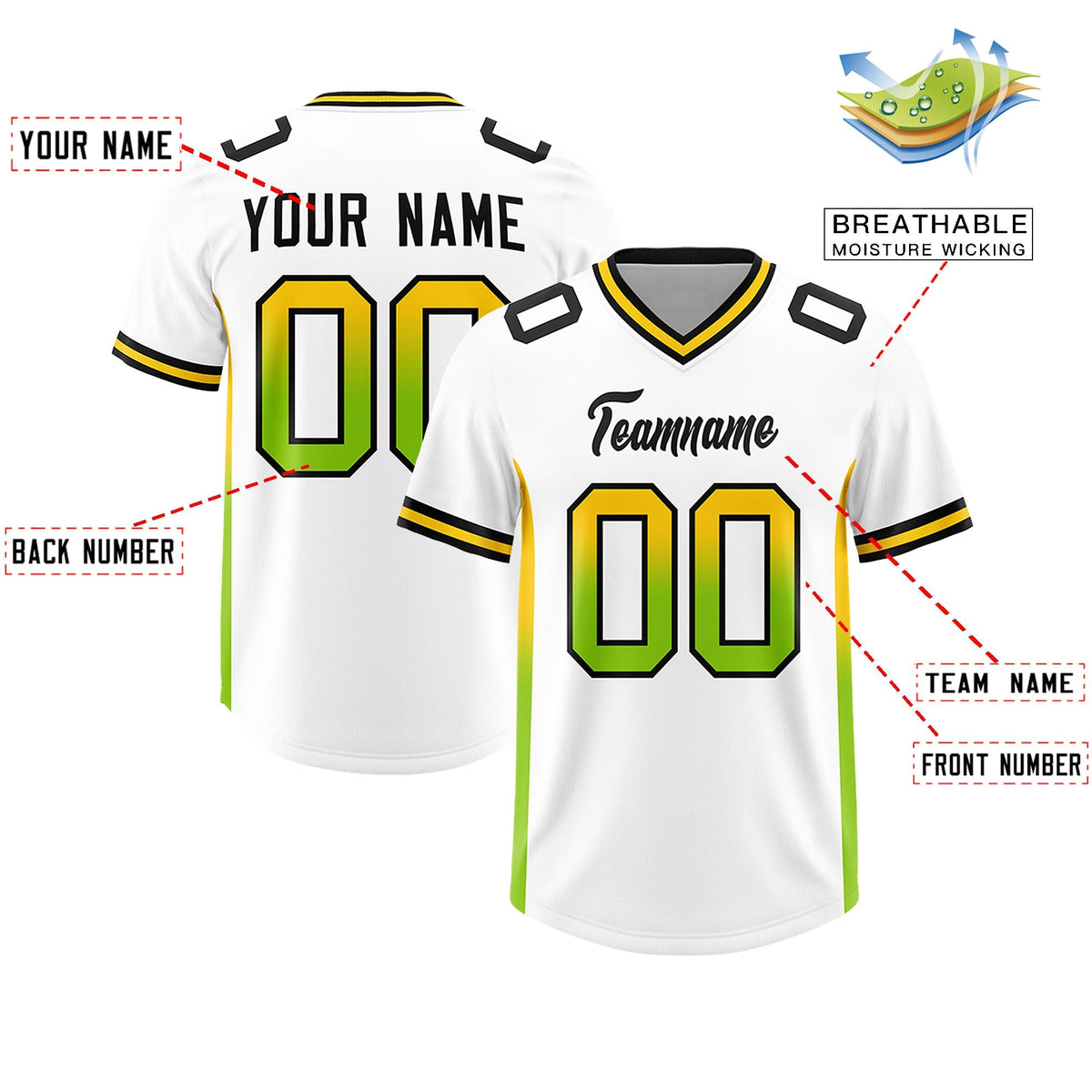 Custom White Gold Sides Gradient Fashion Personalized Team American Football Jersey