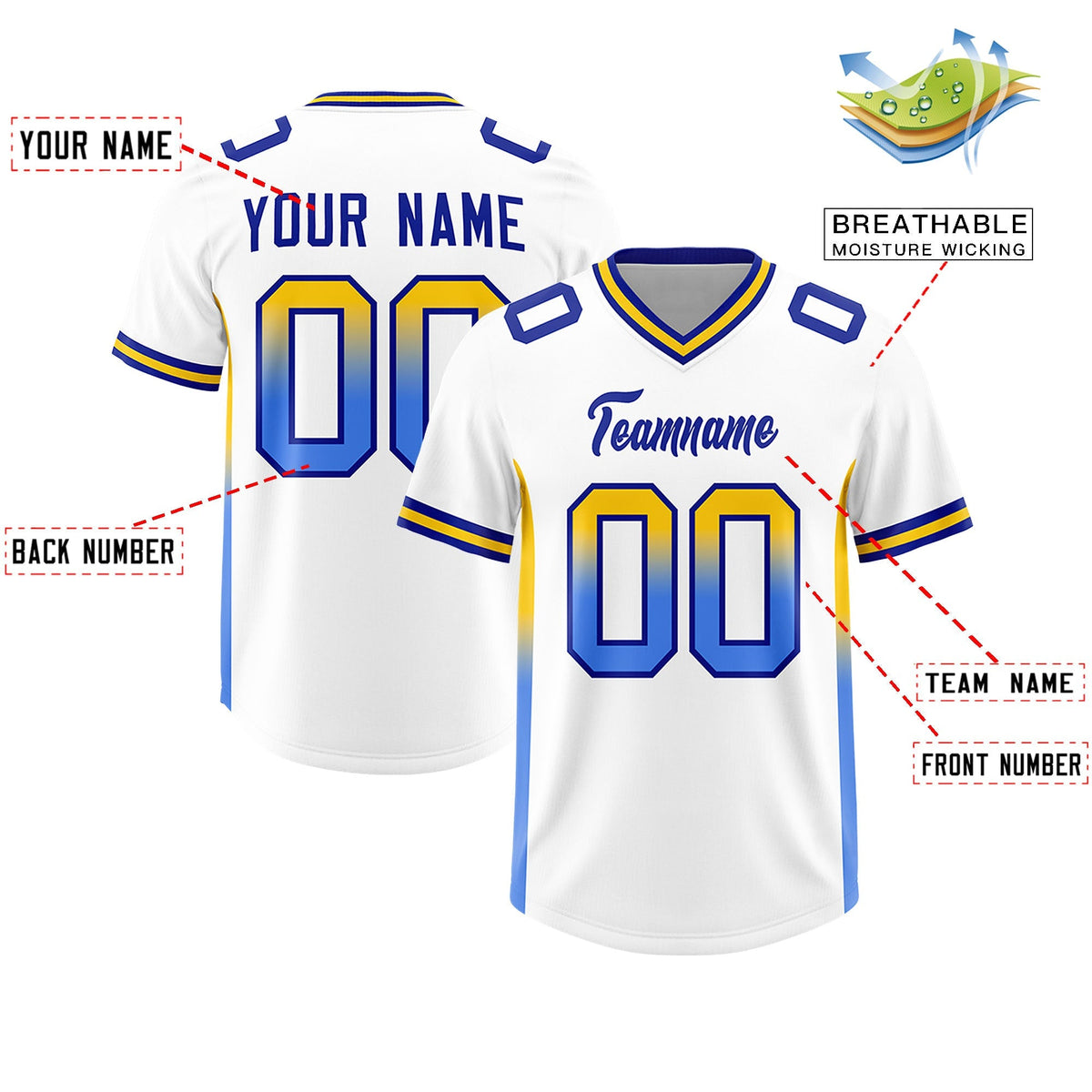 Custom White Gold Sides Gradient Fashion Personalized Team American Football Jersey