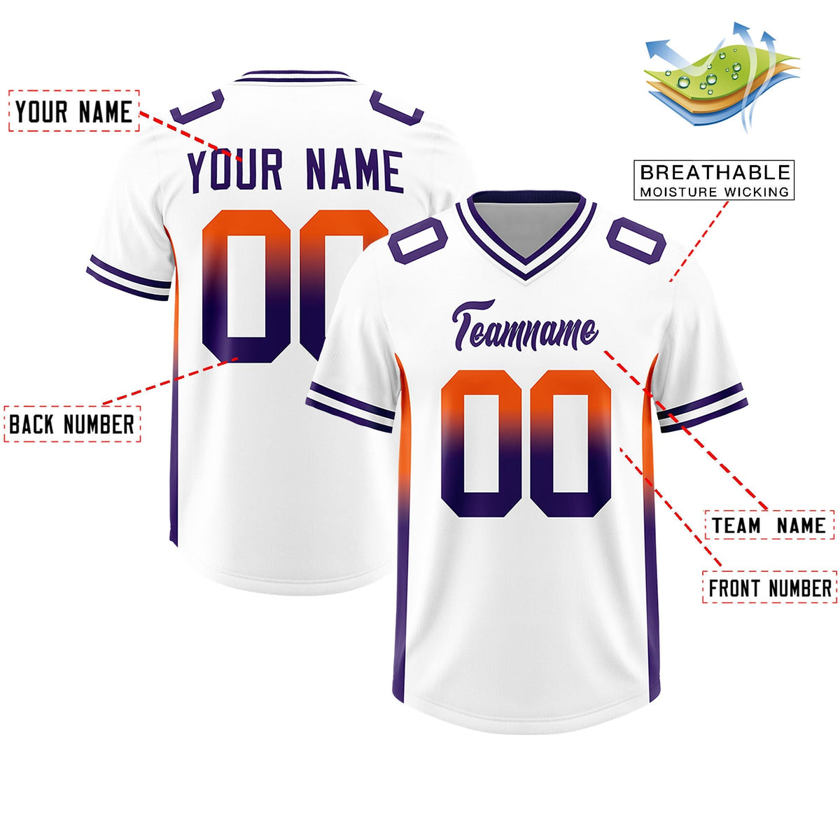 Custom White Orange and Purple Sides Gradient Fashion Personalized Team American Football Jersey