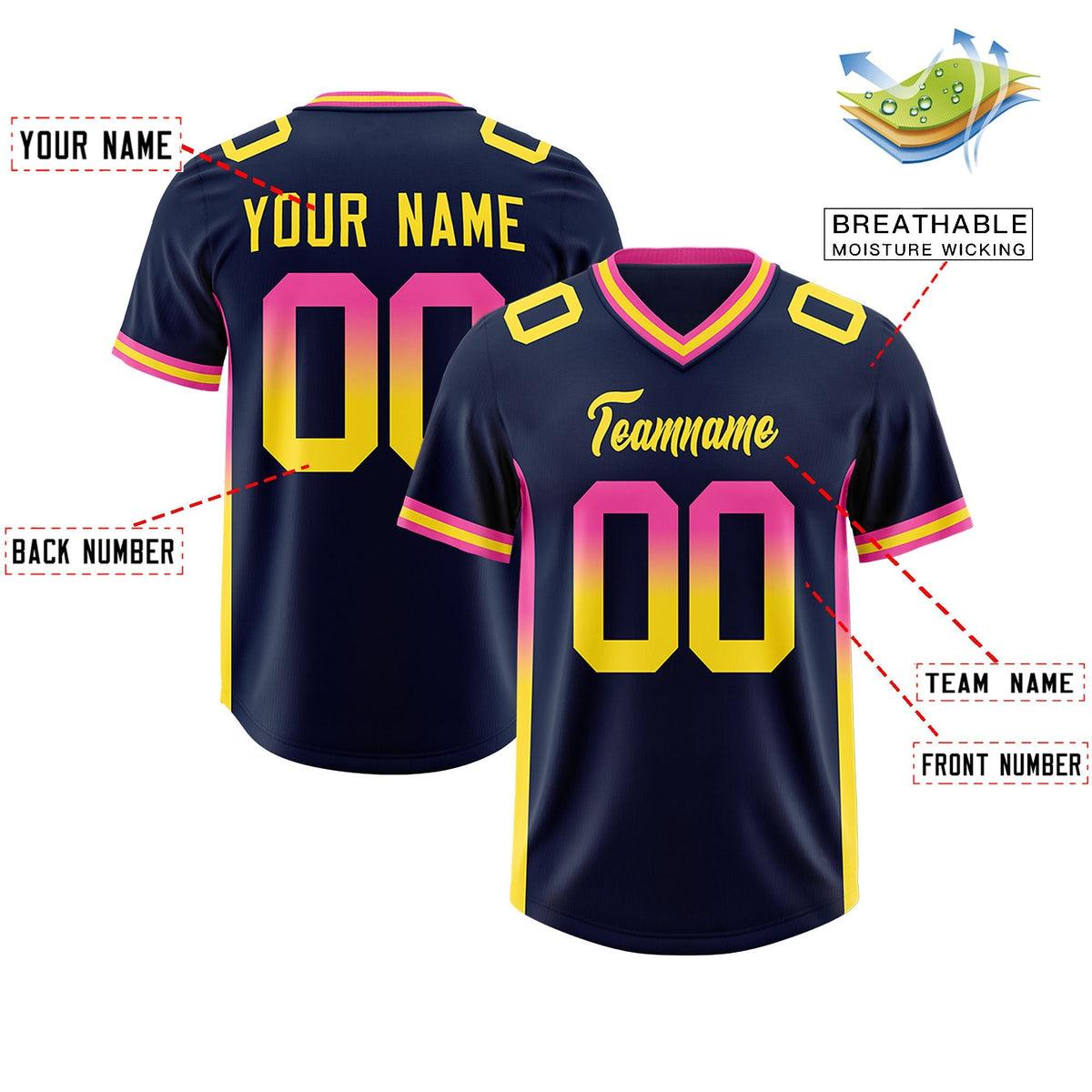 Custom Navy Pink and Gold Sides Gradient Fashion Personalized Team American Football Jersey