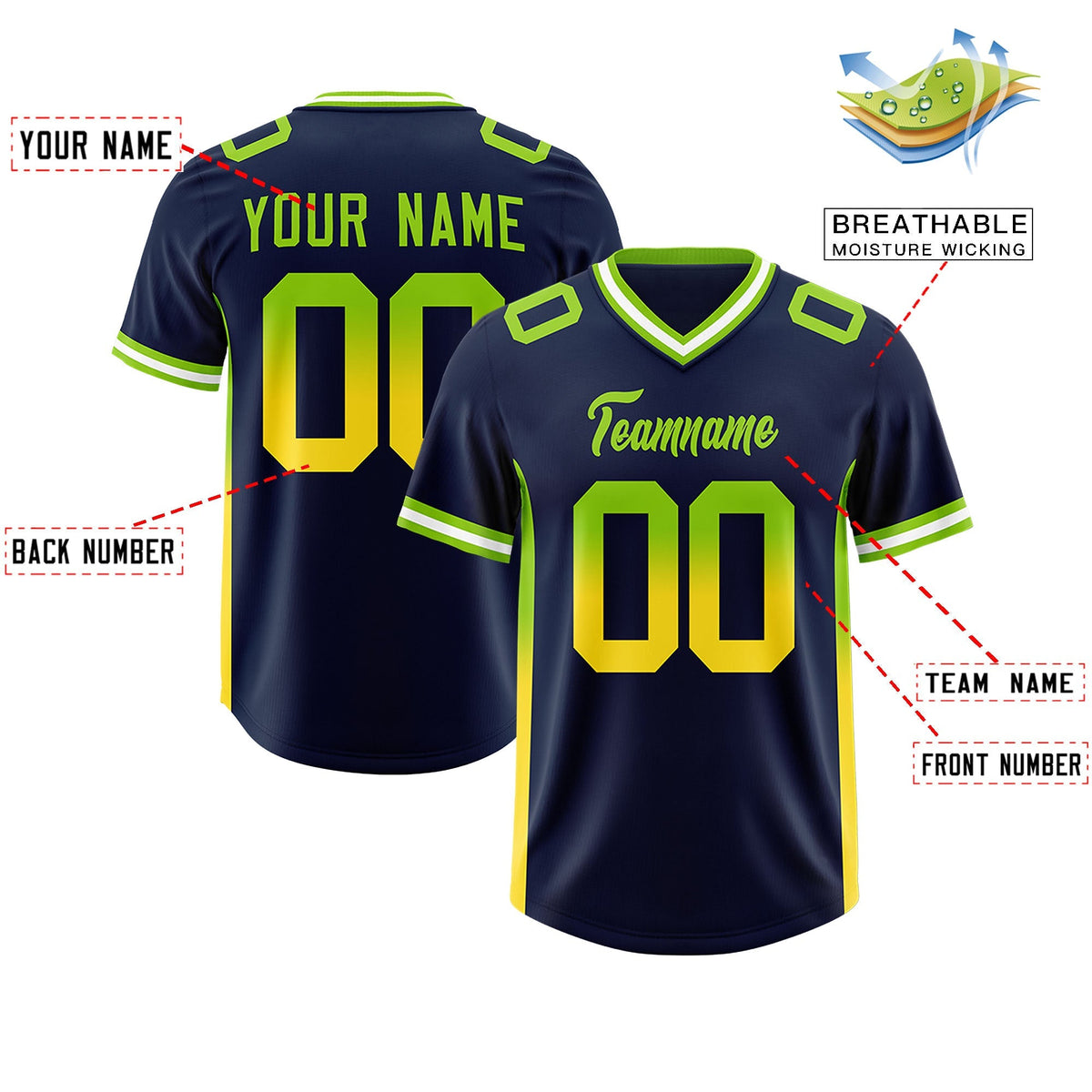 Custom Navy Neon Green and Gold Sides Gradient Fashion Personalized Team American Football Jersey