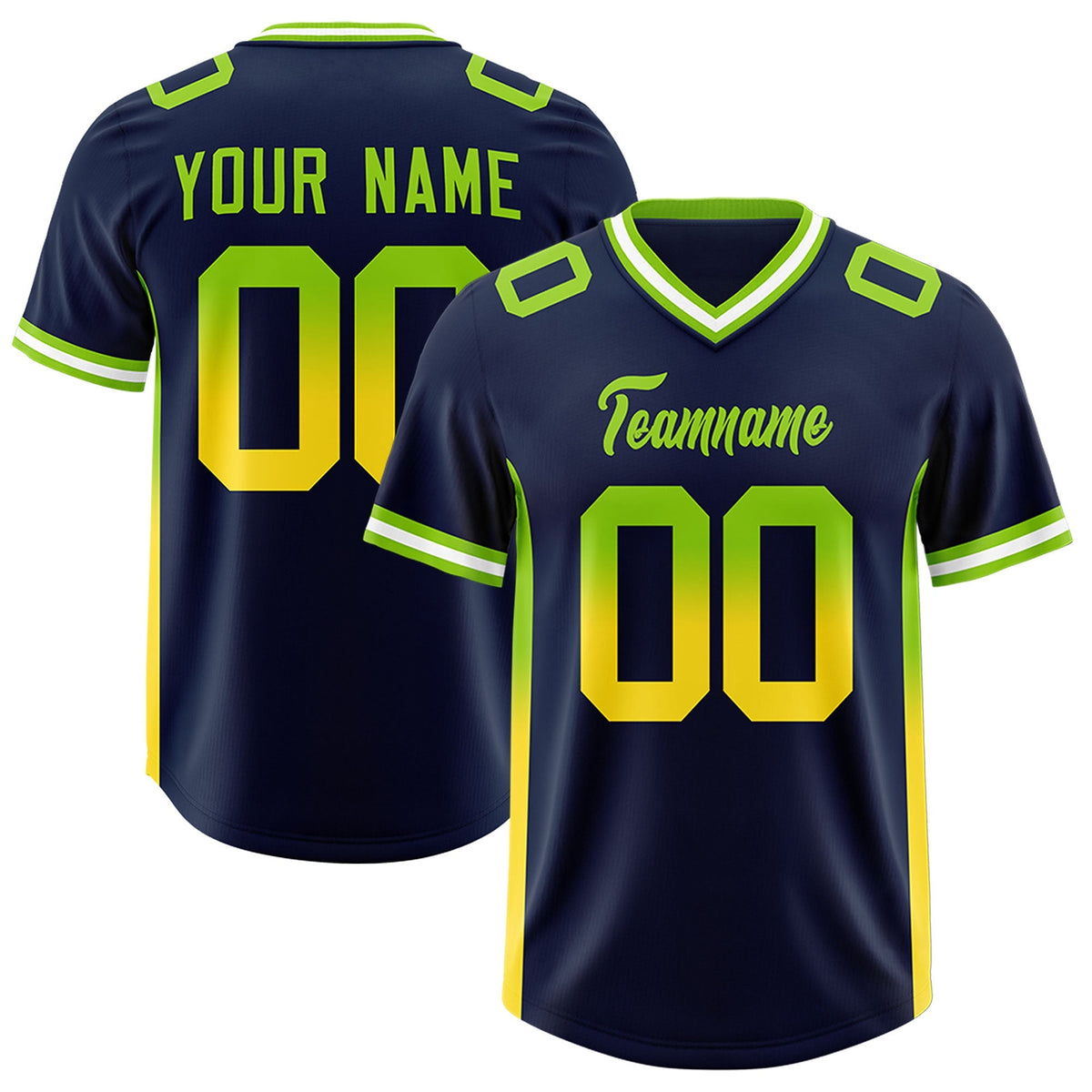 Custom Navy Neon Green and Gold Sides Gradient Fashion Personalized Team American Football Jersey