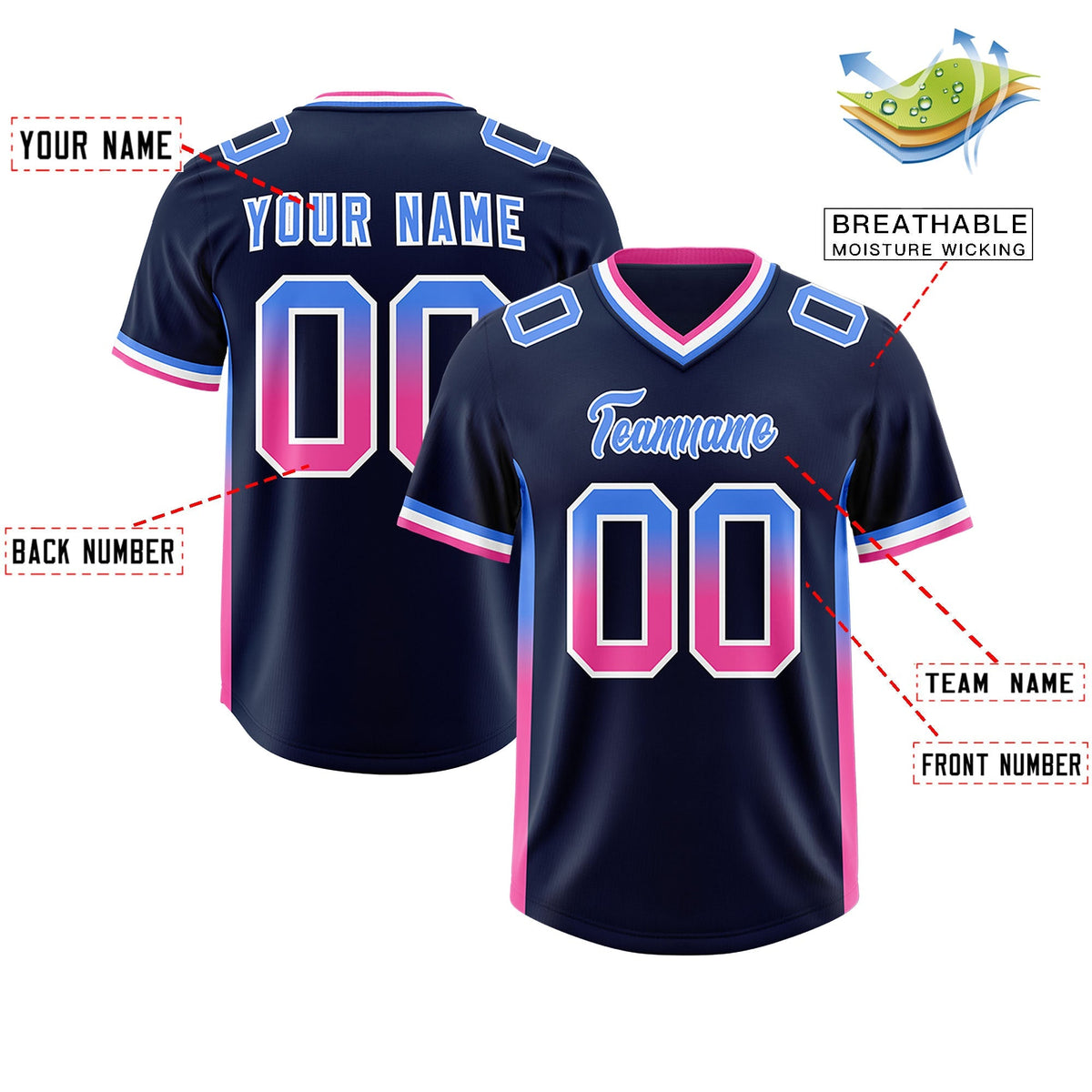 Custom Navy Powder Blue and Pink Sides Gradient Fashion Personalized Team American Football Jersey