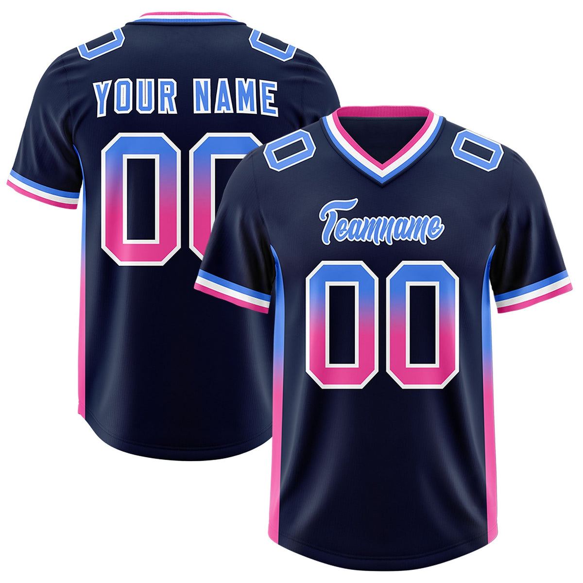 Custom Navy Powder Blue and Pink Sides Gradient Fashion Personalized Team American Football Jersey