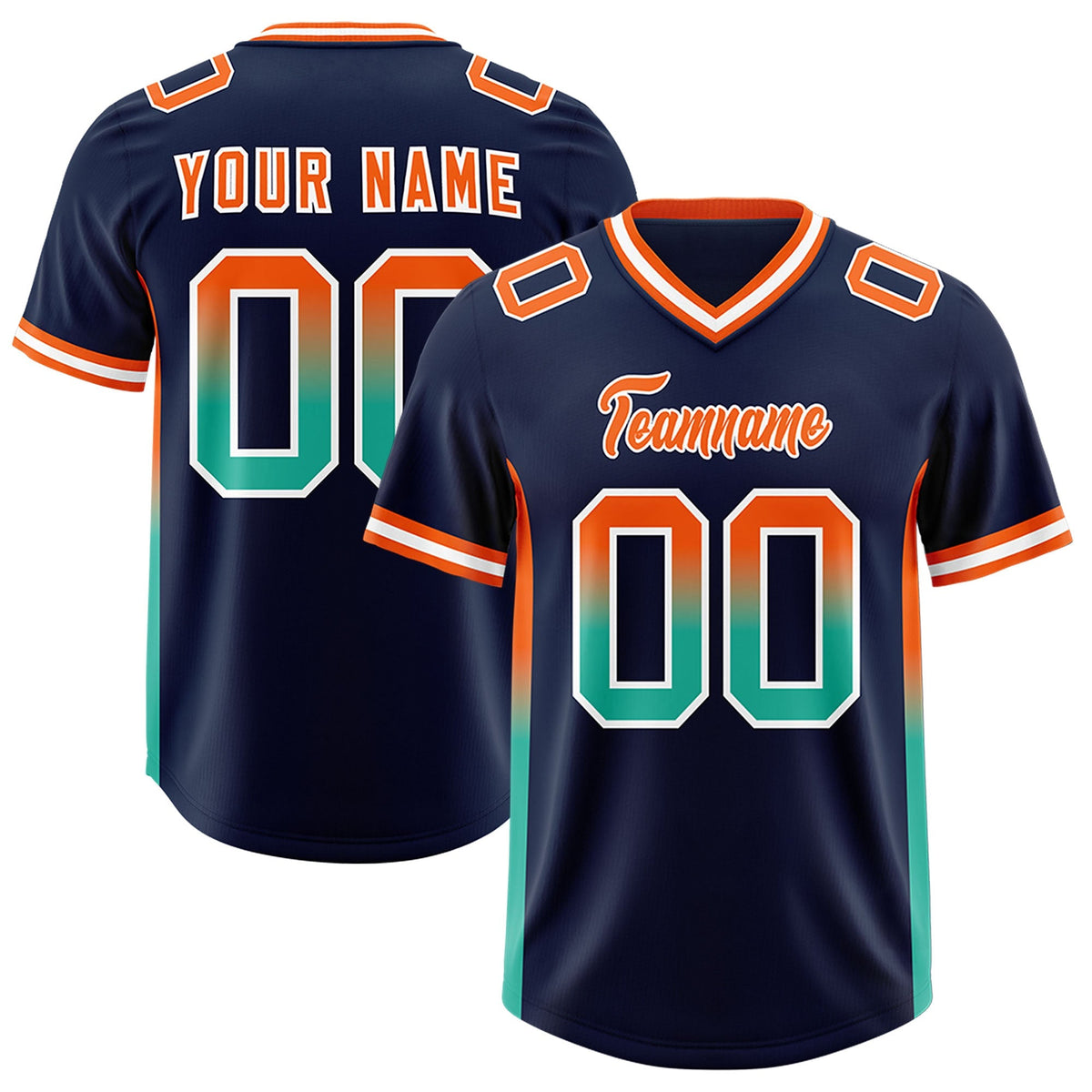 Custom Navy Orange and Bright Green Sides Gradient Fashion Personalized Team American Football Jersey