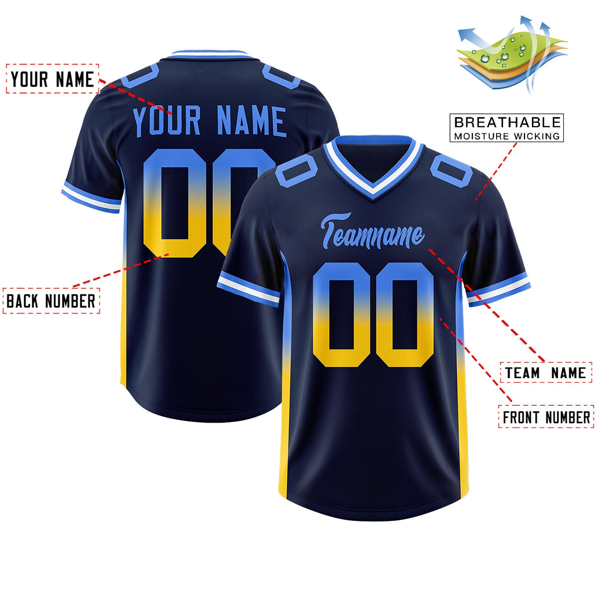 Custom Navy Powder Blue and Gold Sides Gradient Fashion Personalized Team American Football Jersey