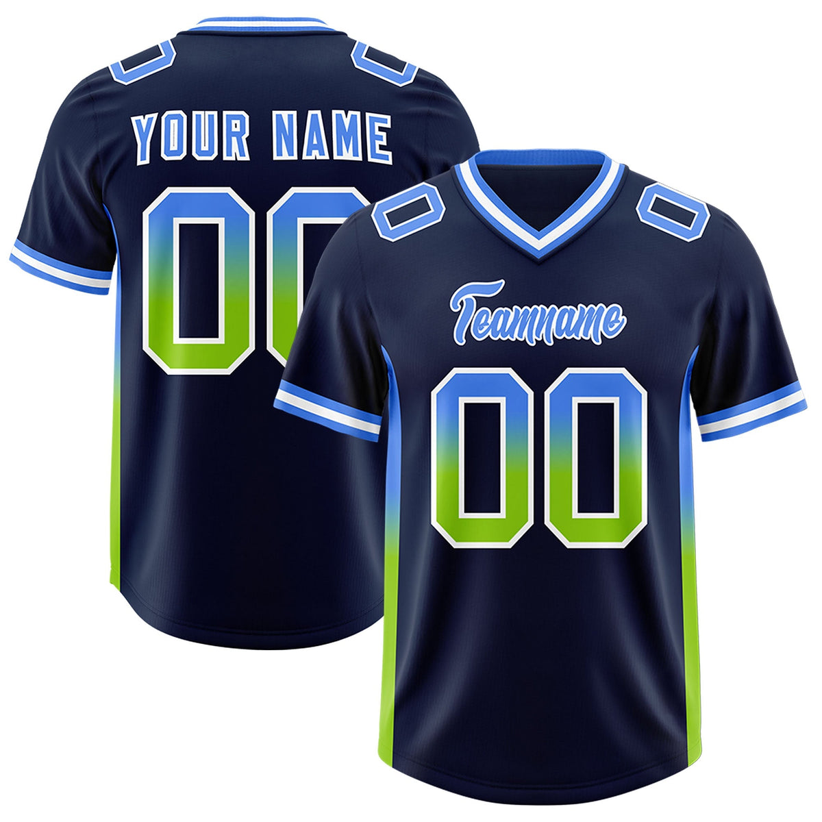 Custom Navy Powder Blue and Neon Green Sides Gradient Fashion Personalized Team American Football Jersey