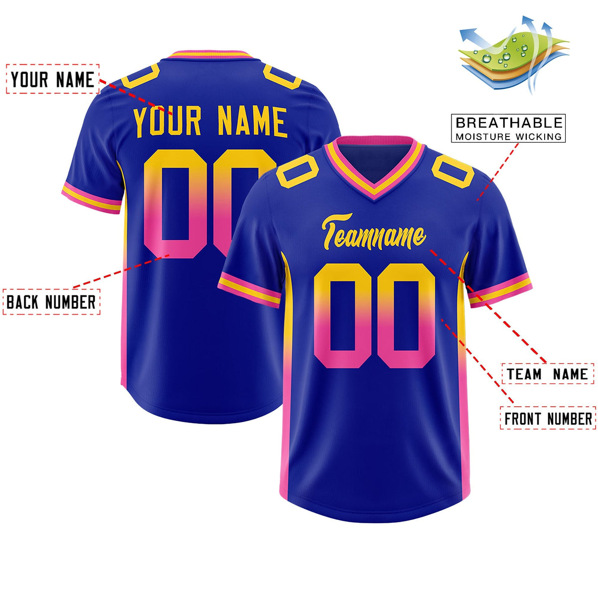 Custom Royal Gold Sides Gradient Fashion Personalized Team American Football Jersey