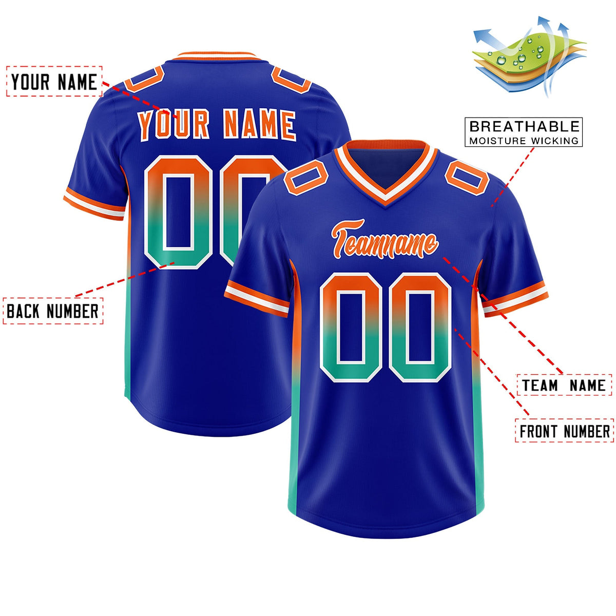 Custom Royal Orange and Bright Green Sides Gradient Fashion Personalized Team American Football Jersey