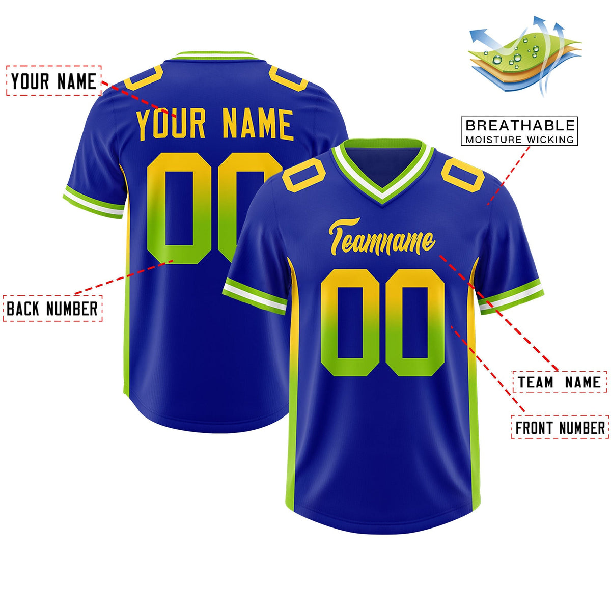 Custom Royal Gold Sides Gradient Fashion Personalized Team American Football Jersey