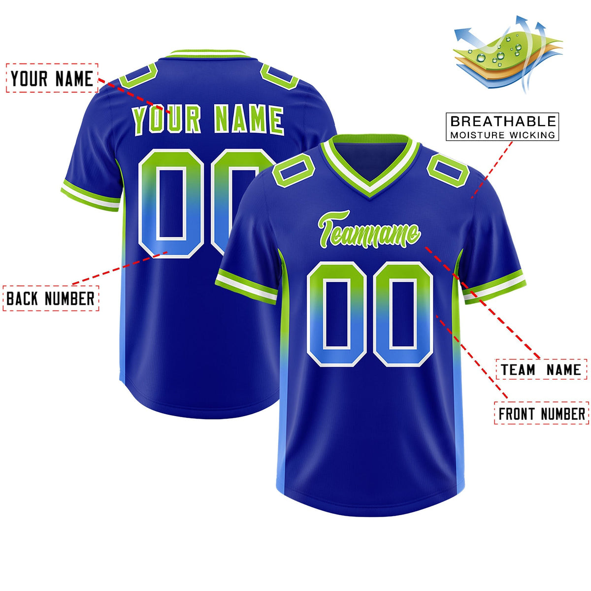 Custom Royal Neon Green and Powder Blue Sides Gradient Fashion Personalized Team American Football Jersey