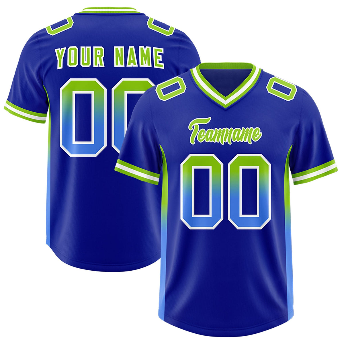 Custom Royal Neon Green and Powder Blue Sides Gradient Fashion Personalized Team American Football Jersey