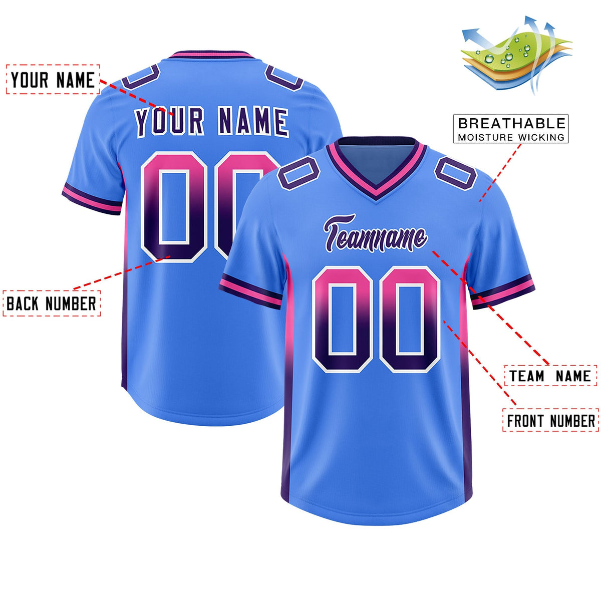 Custom Powder Blue Pink and Purple Sides Gradient Fashion Personalized Team American Football Jersey