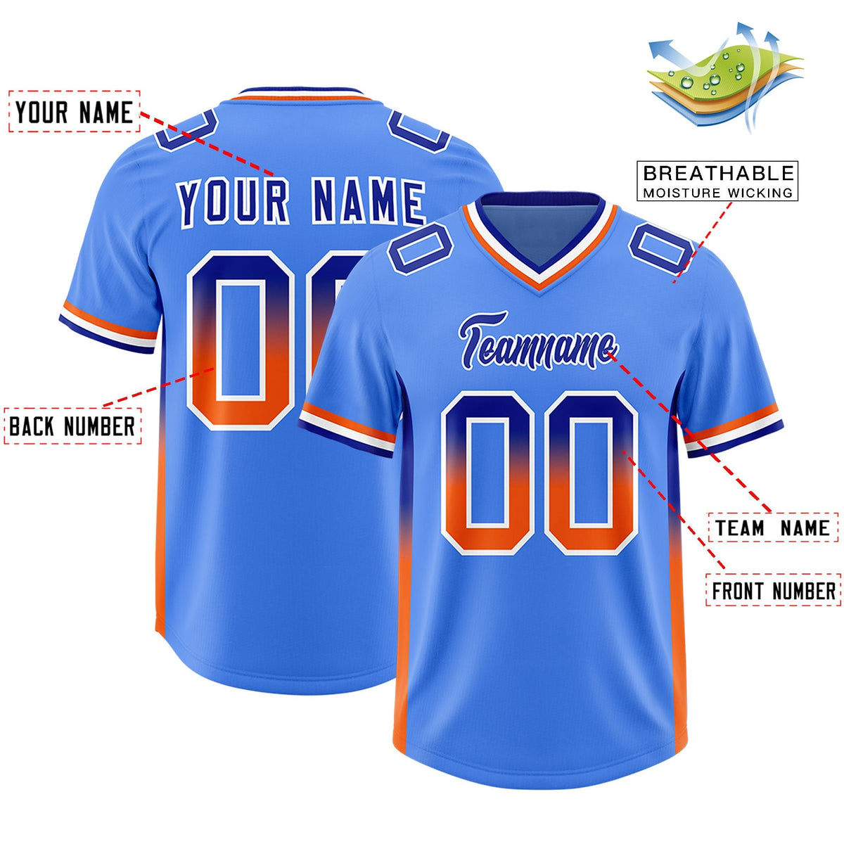 Custom Powder Blue Royal and Orange Sides Gradient Fashion Personalized Team American Football Jersey