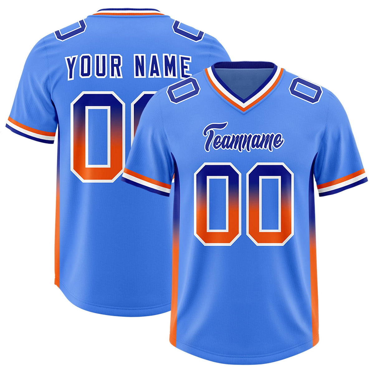 Custom Powder Blue Royal and Orange Sides Gradient Fashion Personalized Team American Football Jersey