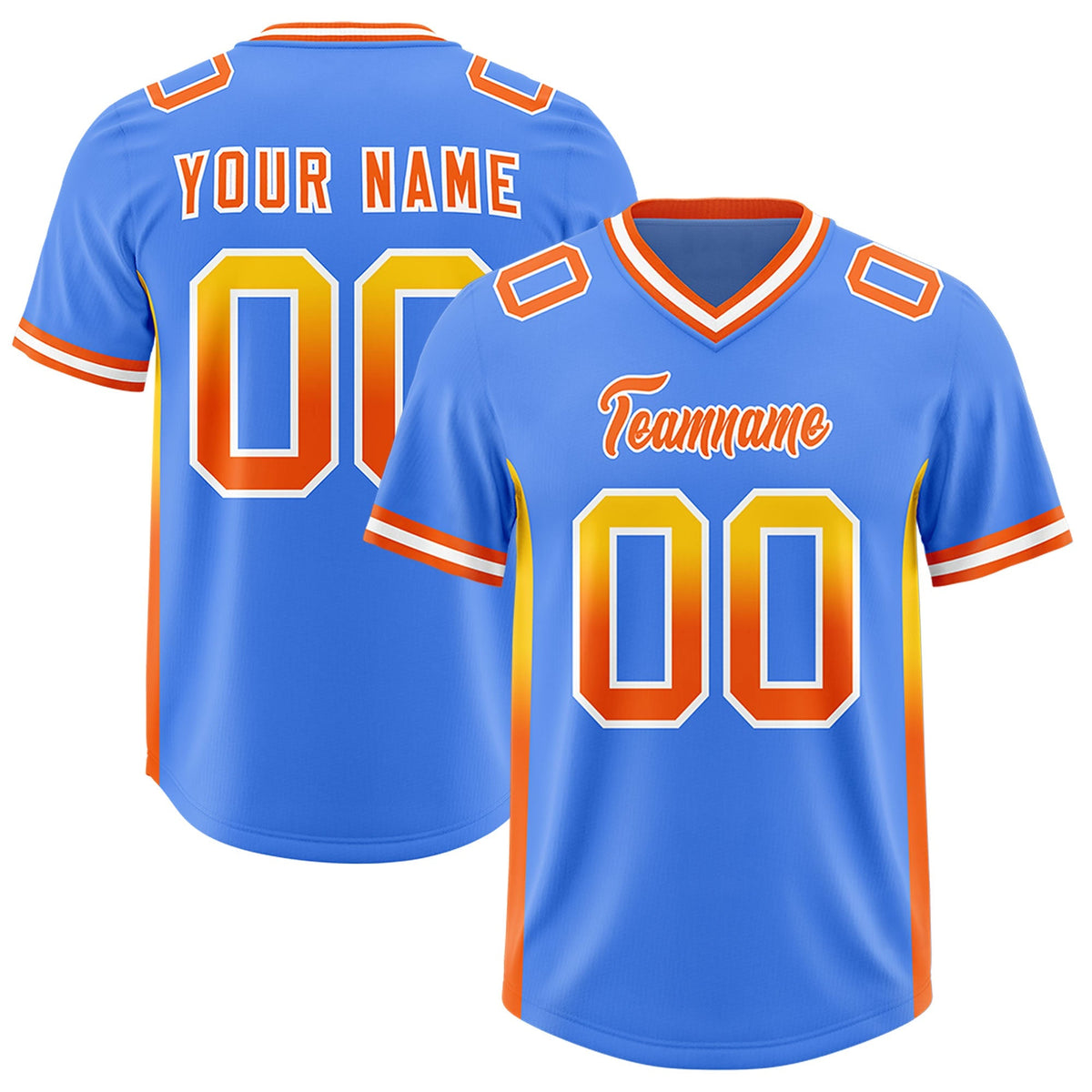 Custom Powder Blue Gold and  Sides Gradient Fashion Personalized Team American Football Jersey