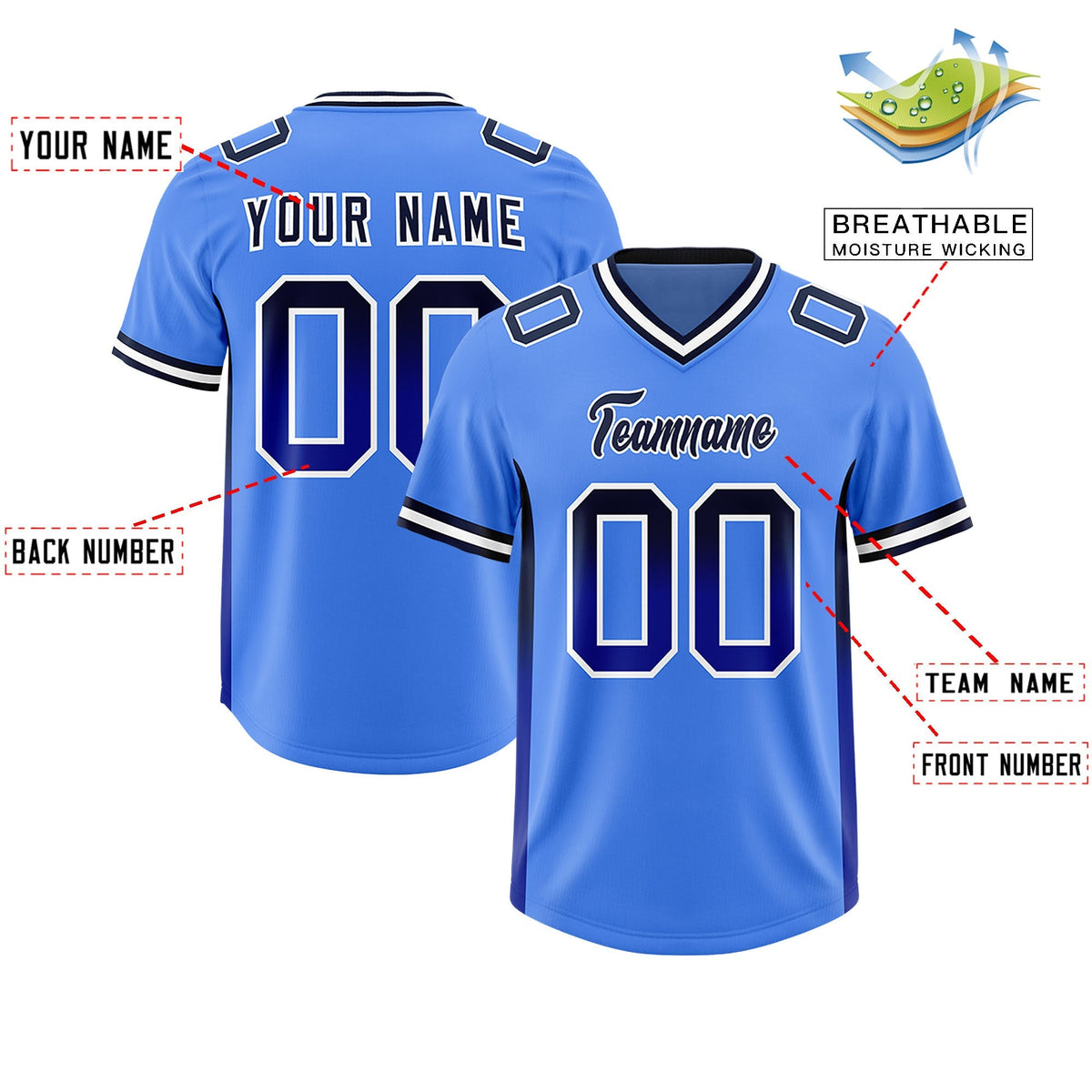 Custom Powder Blue Navy and Royal Sides Gradient Fashion Personalized Team American Football Jersey