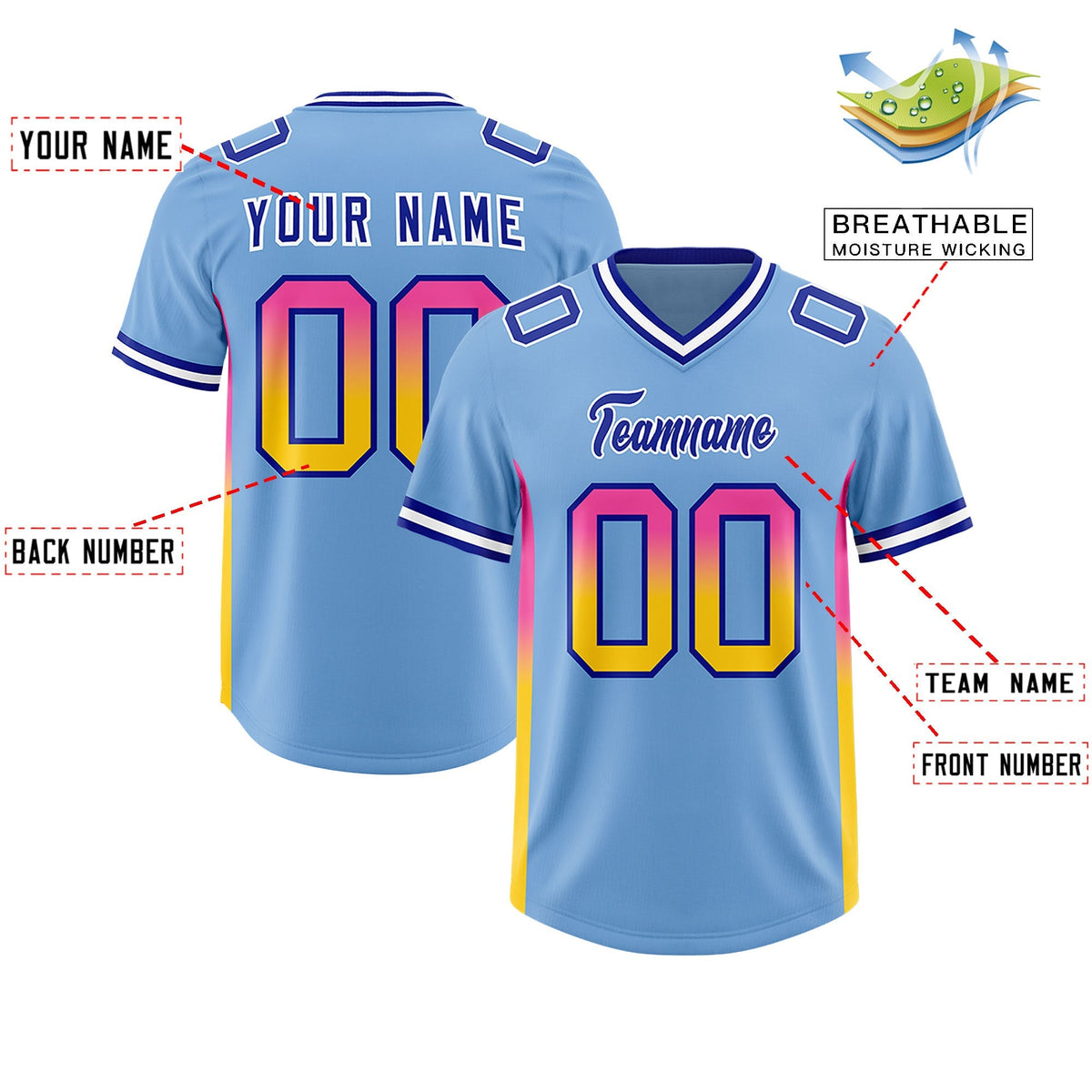 Custom Powder Blue Pink and Gold Sides Gradient Fashion Personalized Team American Football Jersey