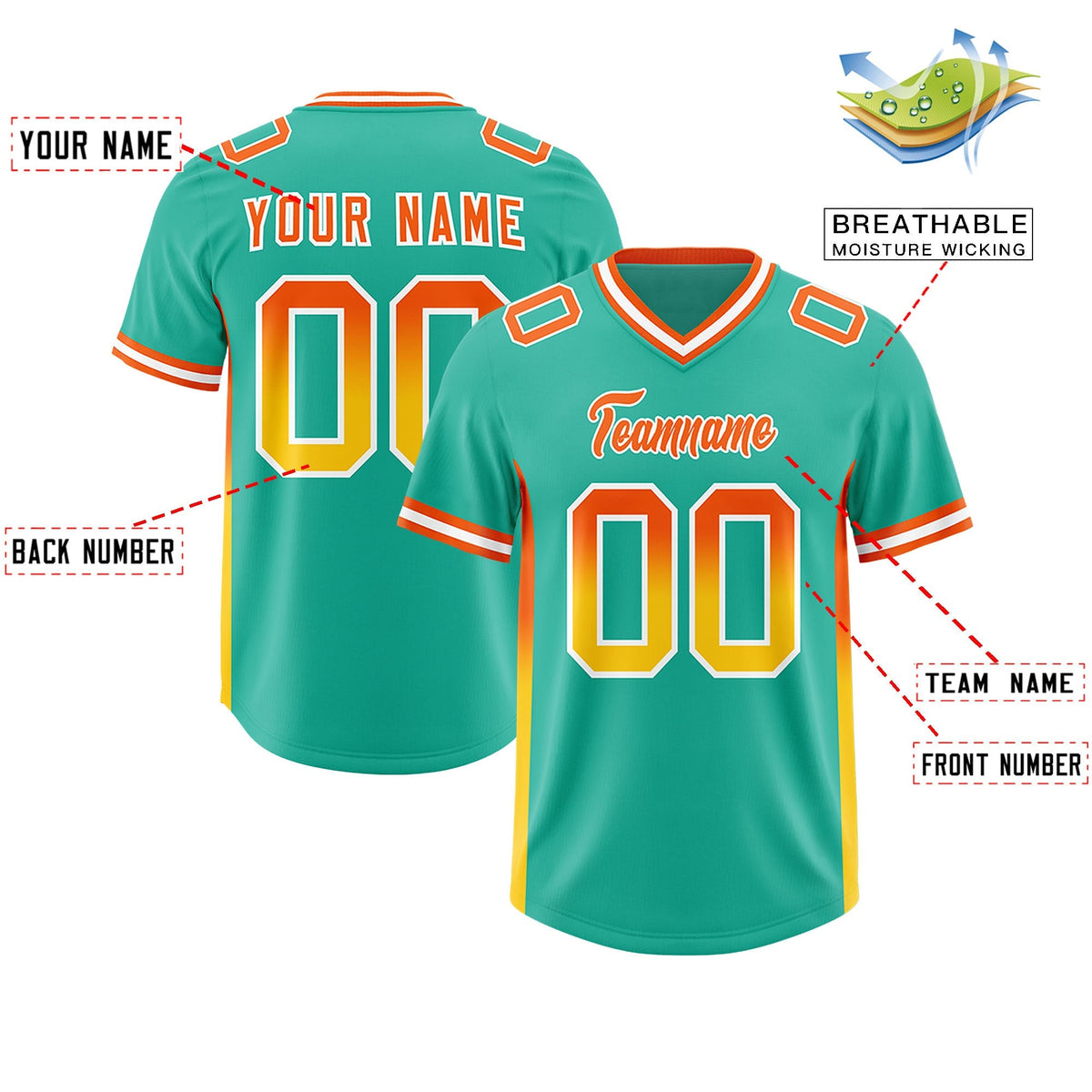 Custom Bright Green Orange and Gold Sides Gradient Fashion Personalized Team American Football Jersey