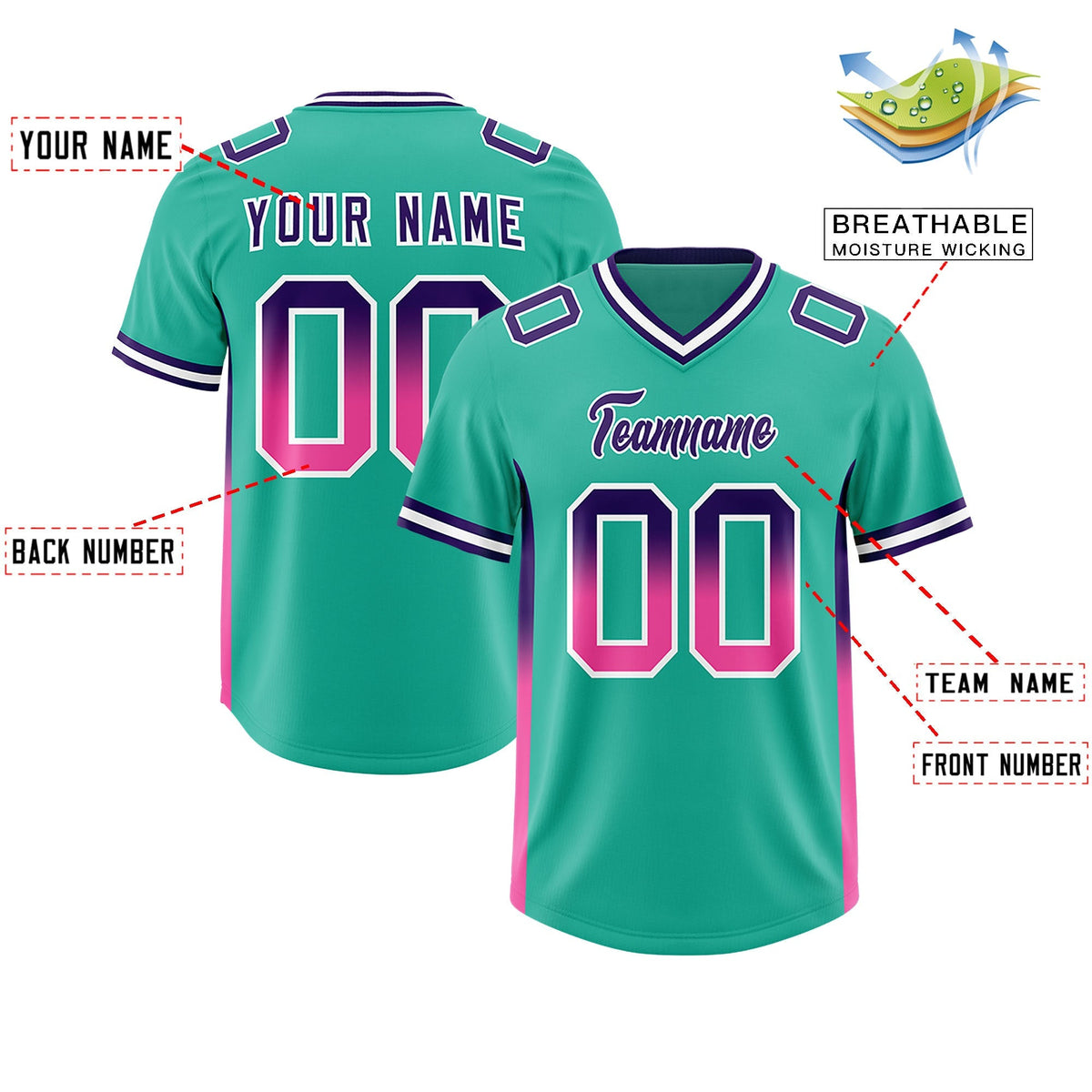 Custom Bright Green Purple and Pink Sides Gradient Fashion Personalized Team American Football Jersey