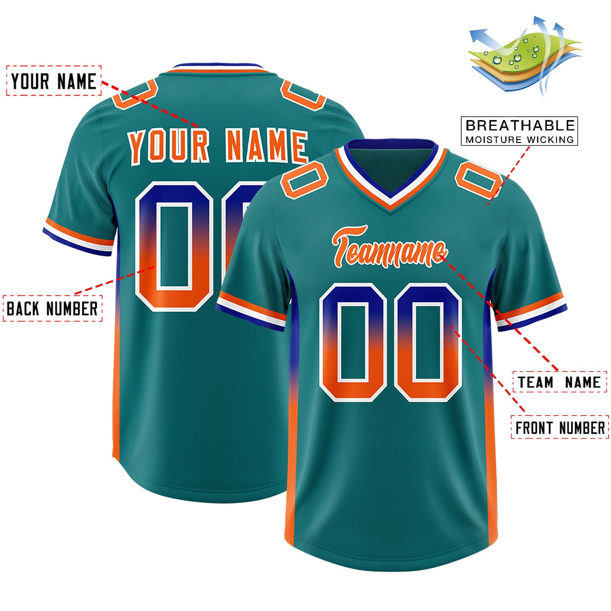 Custom Aqua Royal and Orange Sides Gradient Fashion Personalized Team American Football Jersey