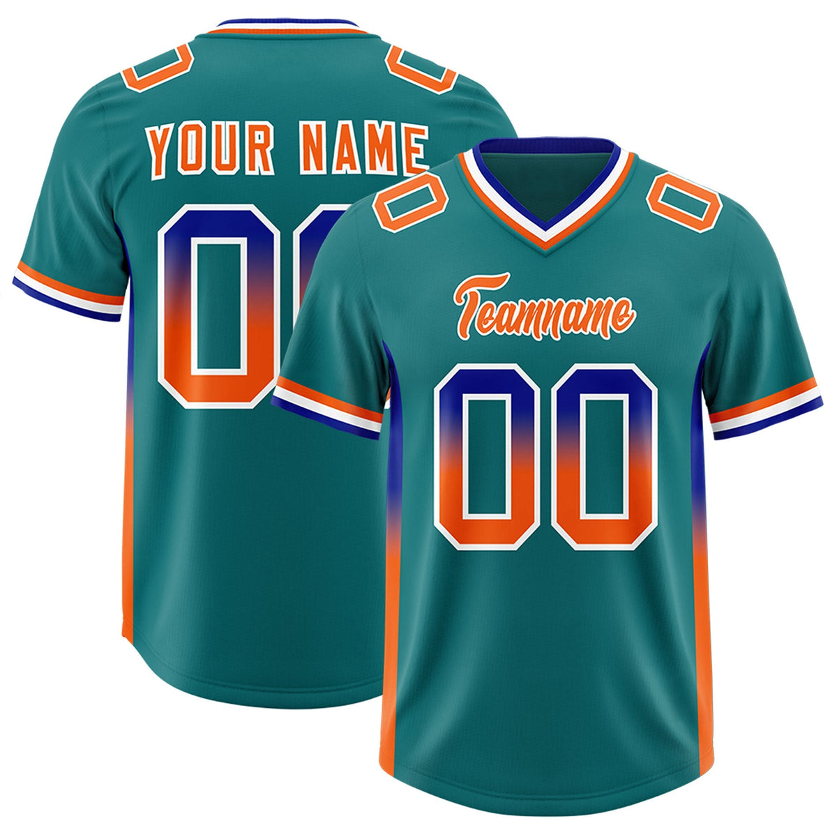 Custom Aqua Royal and Orange Sides Gradient Fashion Personalized Team American Football Jersey