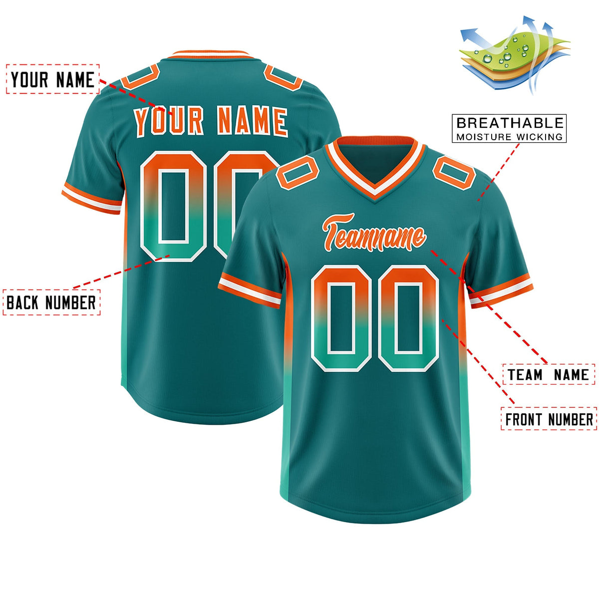 Custom Aqua Orange and Bright Green Sides Gradient Fashion Personalized Team American Football Jersey