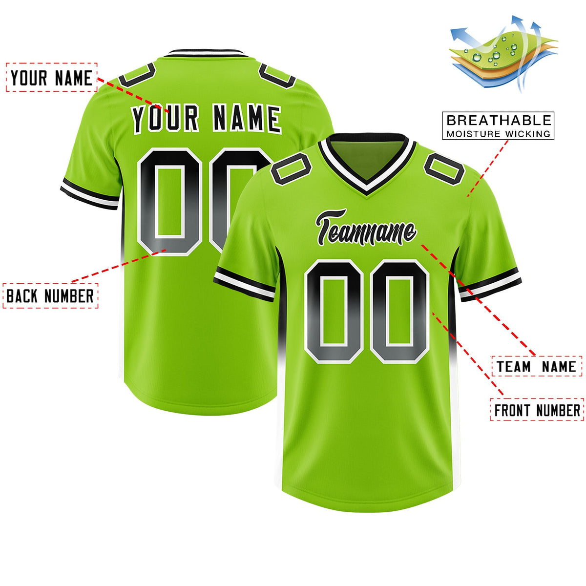 Custom Neon Green Black and White Sides Gradient Fashion Personalized Team American Football Jersey
