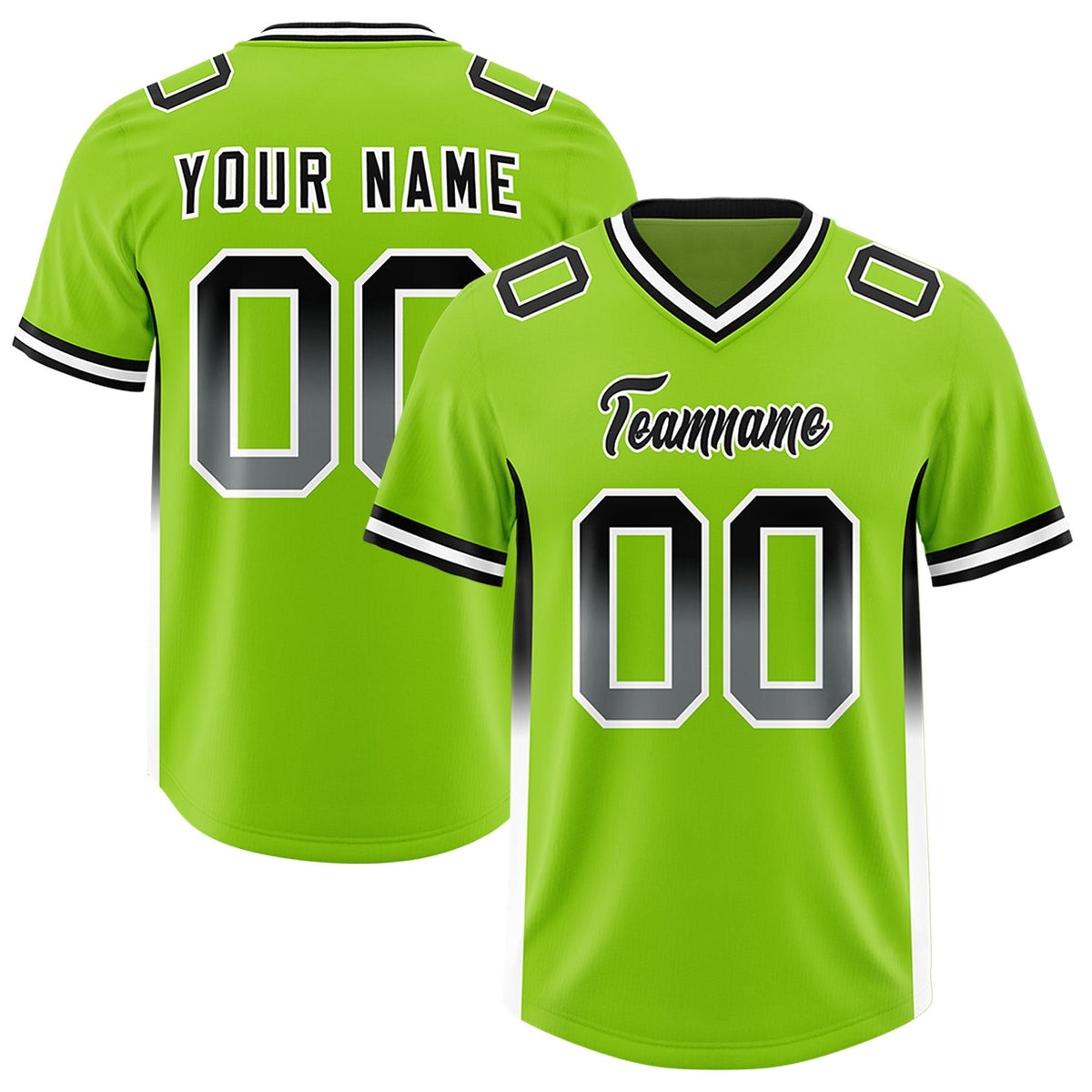 Custom Neon Green Black and White Sides Gradient Fashion Personalized Team American Football Jersey