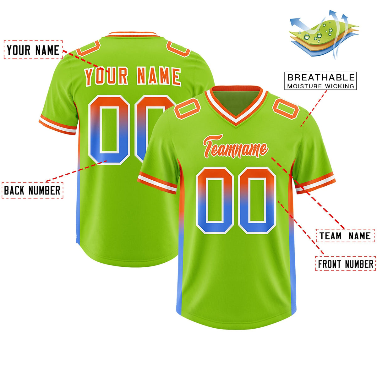 Custom Neon Green Orange and Powder Blue Sides Gradient Fashion Personalized Team American Football Jersey