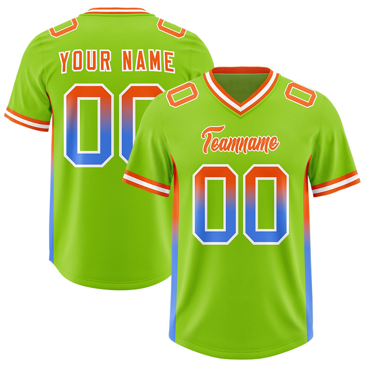 Custom Neon Green Orange and Powder Blue Sides Gradient Fashion Personalized Team American Football Jersey