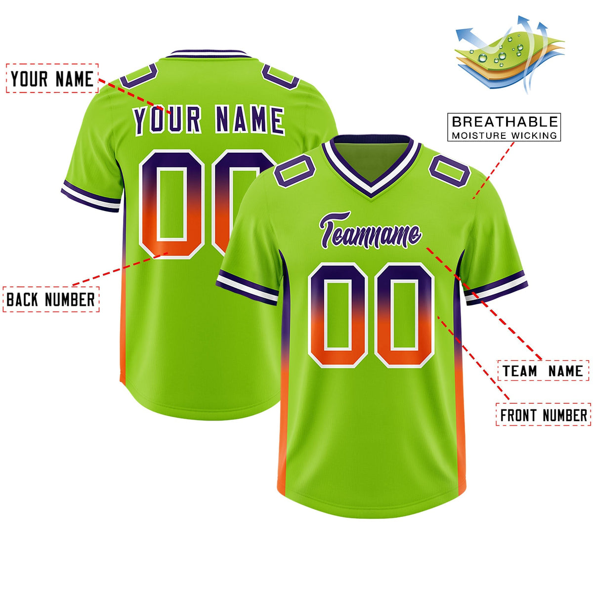 Custom Neon Green Purple and Orange Sides Gradient Fashion Personalized Team American Football Jersey
