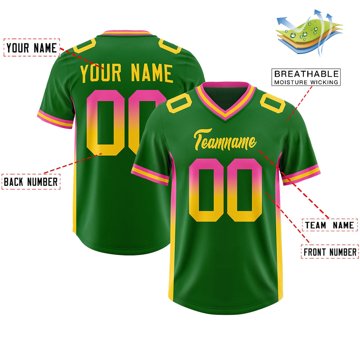 Custom Kelly Green Pink and Gold Sides Gradient Fashion Personalized Team American Football Jersey