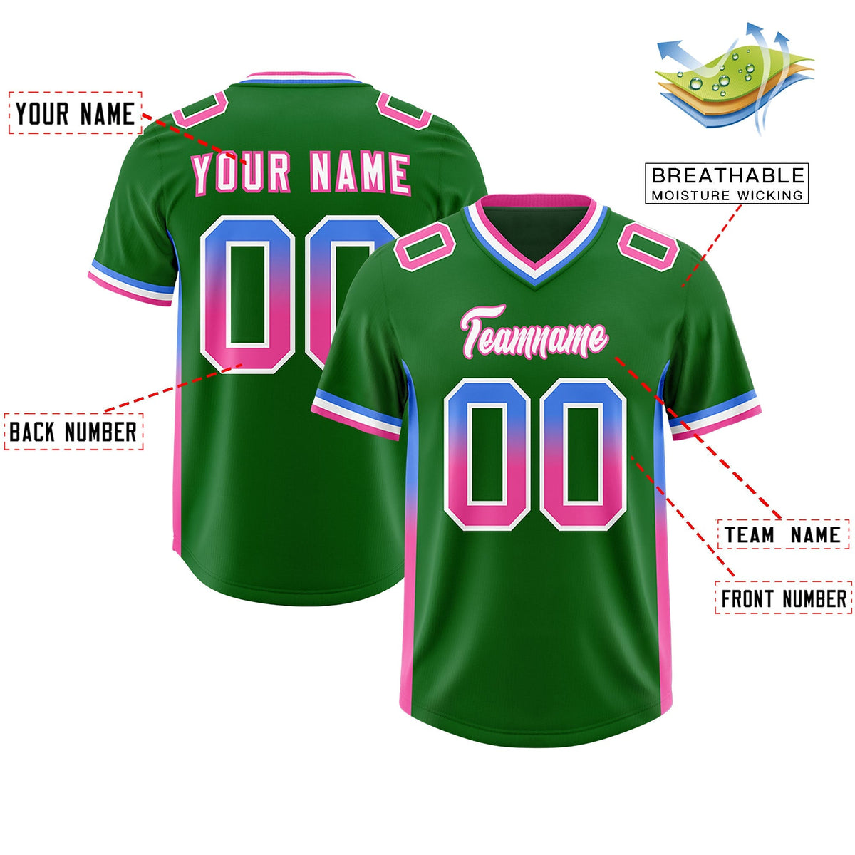 Custom Kelly Green Powder Blue and Pink Sides Gradient Fashion Personalized Team American Football Jersey