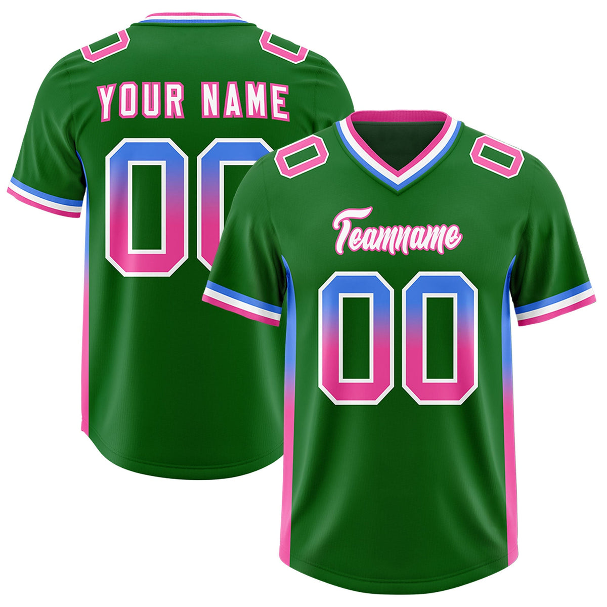 Custom Kelly Green Powder Blue and Pink Sides Gradient Fashion Personalized Team American Football Jersey
