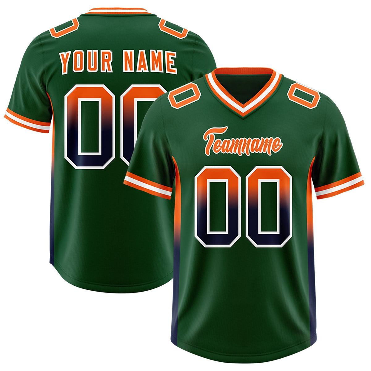 Custom Green Orange and Navy Sides Gradient Fashion Personalized Team American Football Jersey
