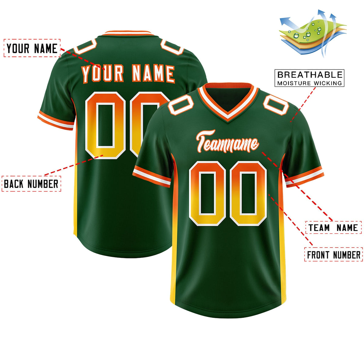 Custom Green Orange and Gold Sides Gradient Fashion Personalized Team American Football Jersey