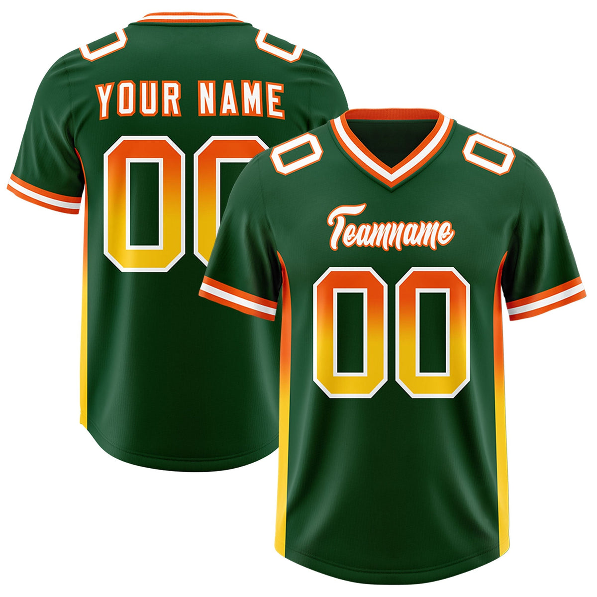 Custom Green Orange and Gold Sides Gradient Fashion Personalized Team American Football Jersey