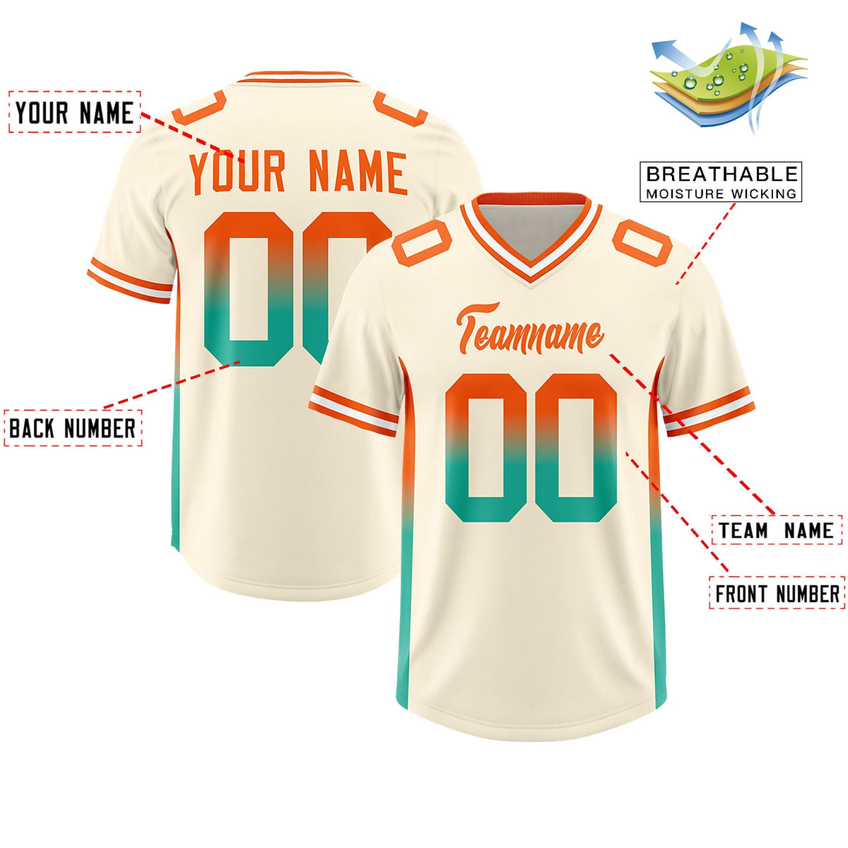 Custom Cream Orange and Bright Green Sides Gradient Fashion Personalized Team American Football Jersey