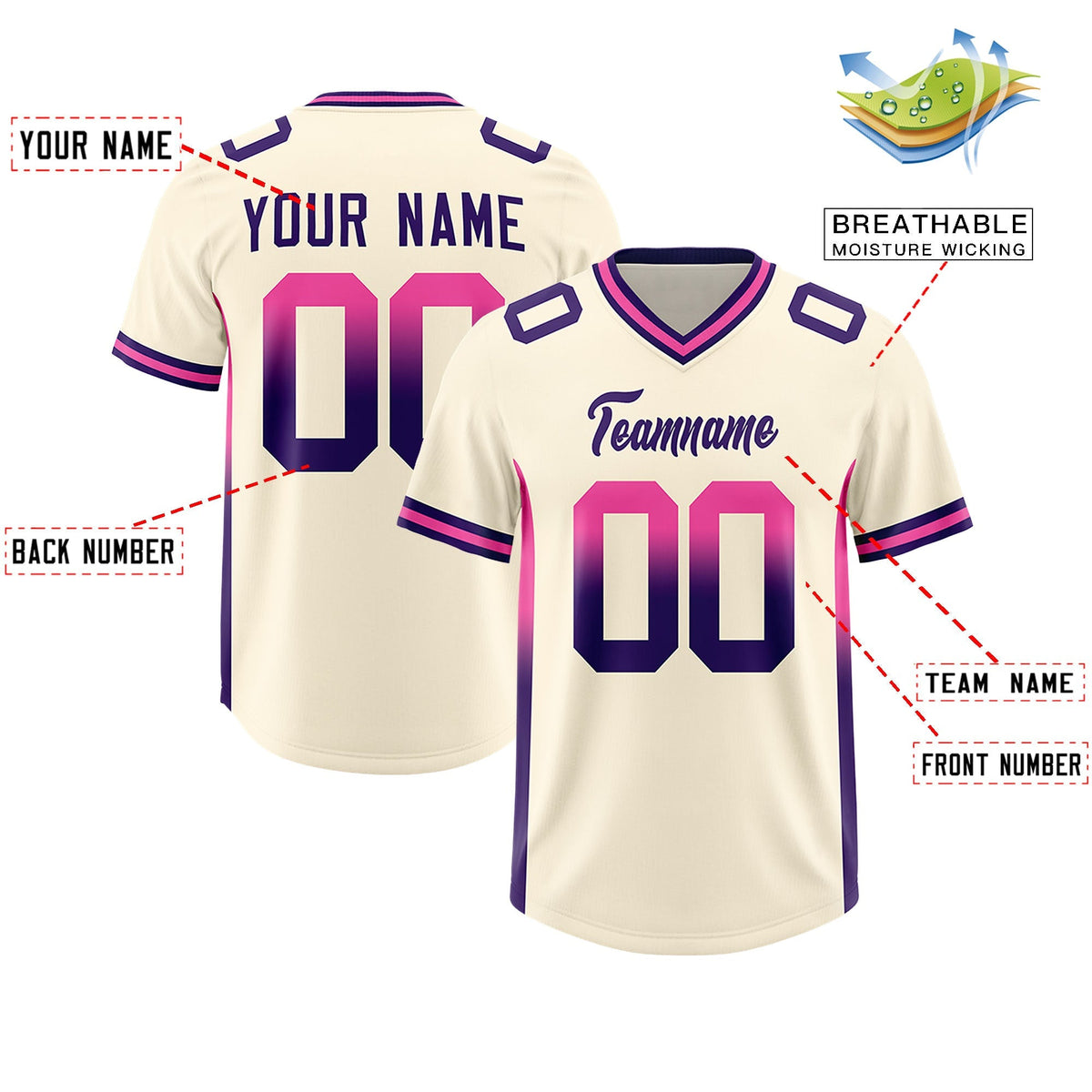 Custom Cream Pink and Purple Sides Gradient Fashion Personalized Team American Football Jersey