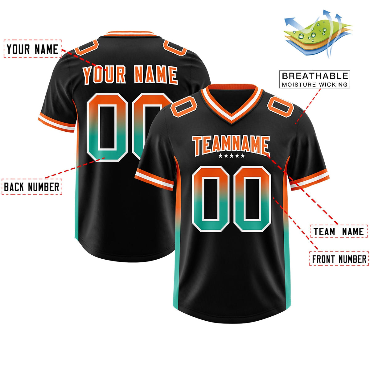 Custom Black Orange and Bright Green Sides Gradient Fashion Personalized Team American Football Jersey