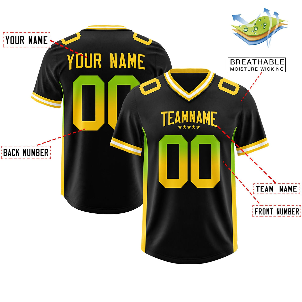 Custom Black Neon Green and Gold Sides Gradient Fashion Personalized Team American Football Jersey