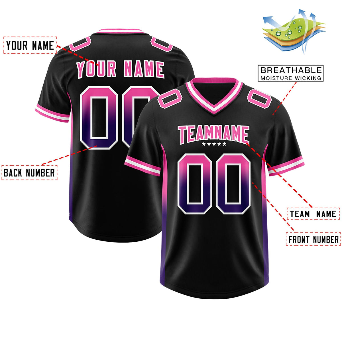 Custom Black Pink and Purple Sides Gradient Fashion Personalized Team American Football Jersey