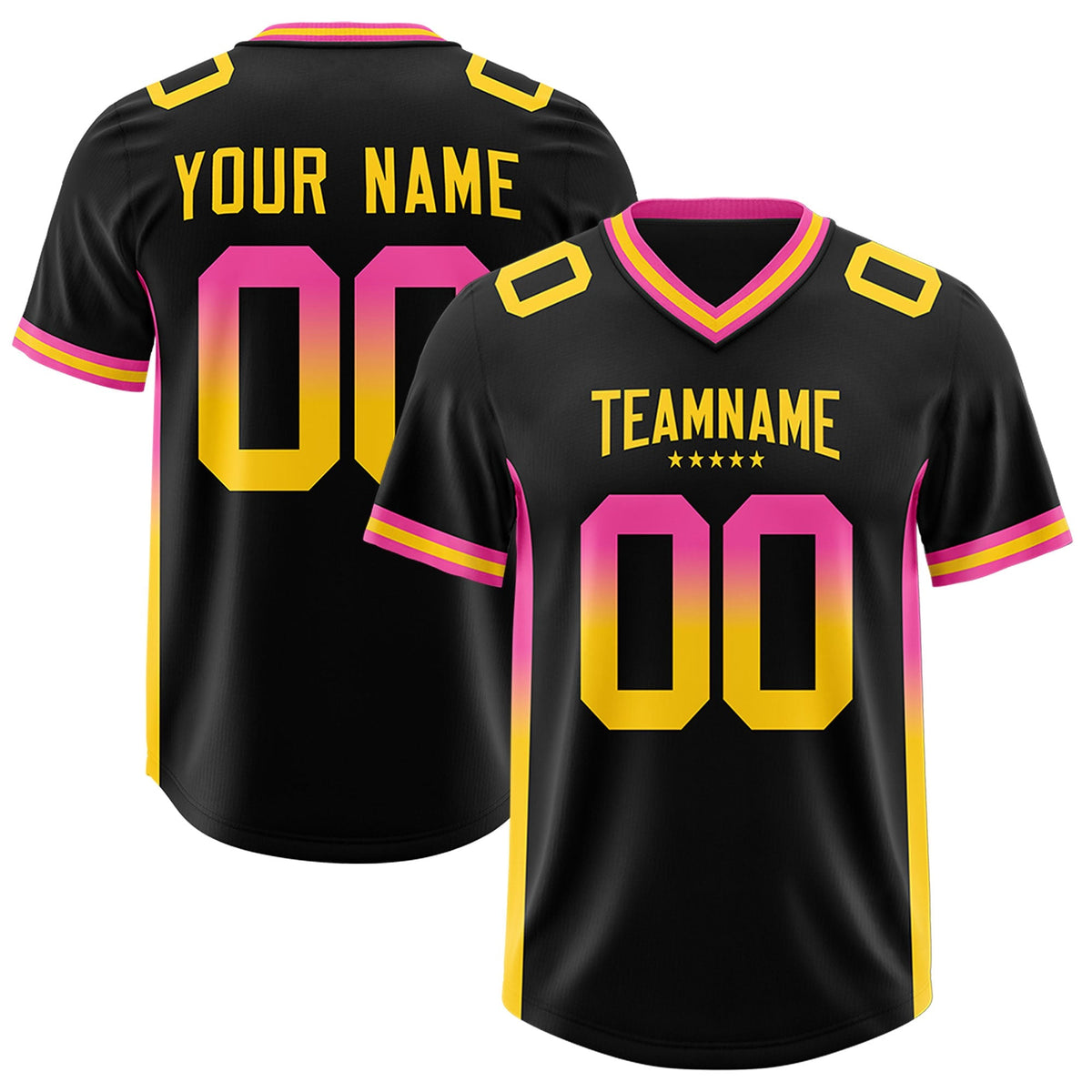 Custom Black Pink and Gold Sides Gradient Fashion Personalized Team American Football Jersey