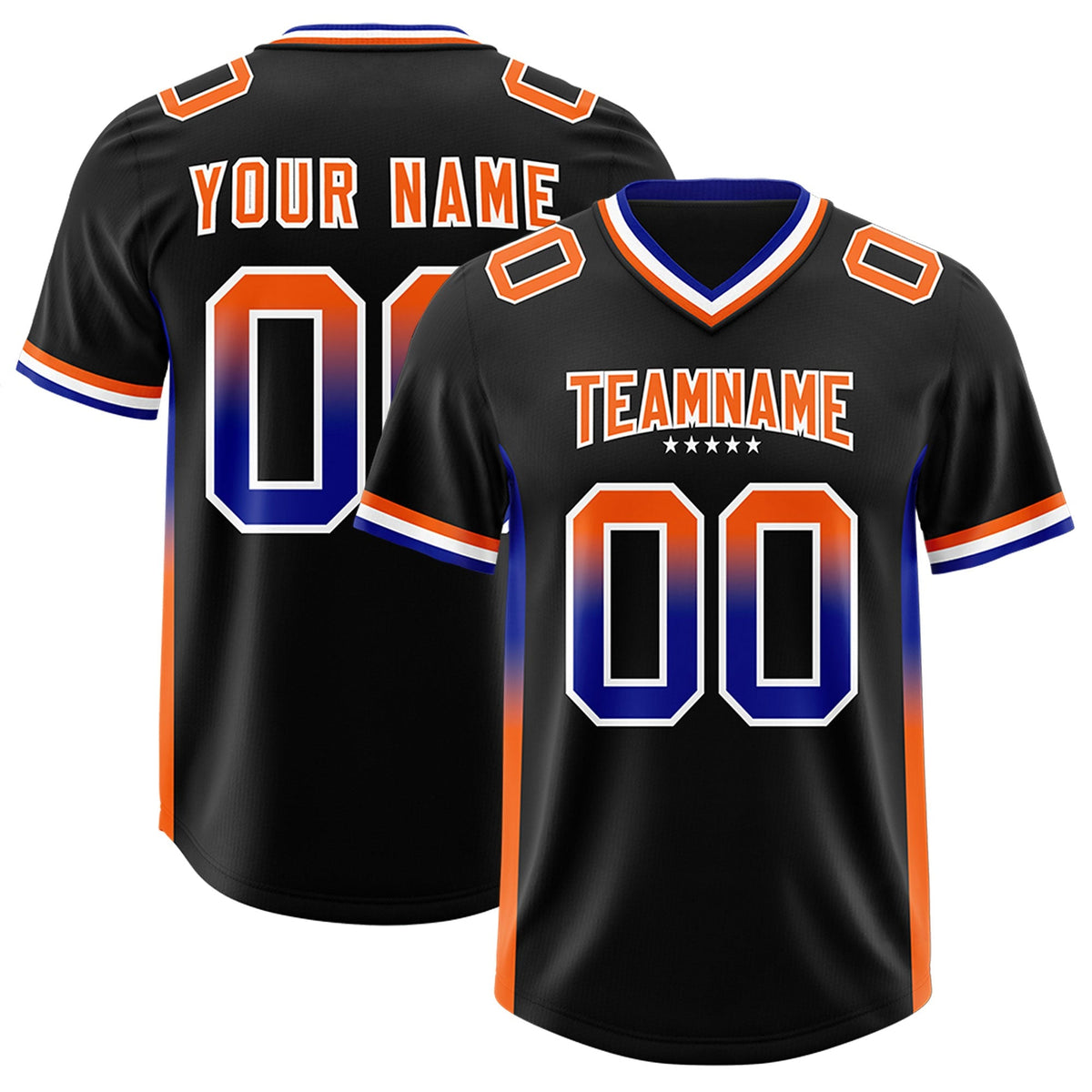 Custom Black Royal and Orange Sides Gradient Fashion Personalized Team American Football Jersey