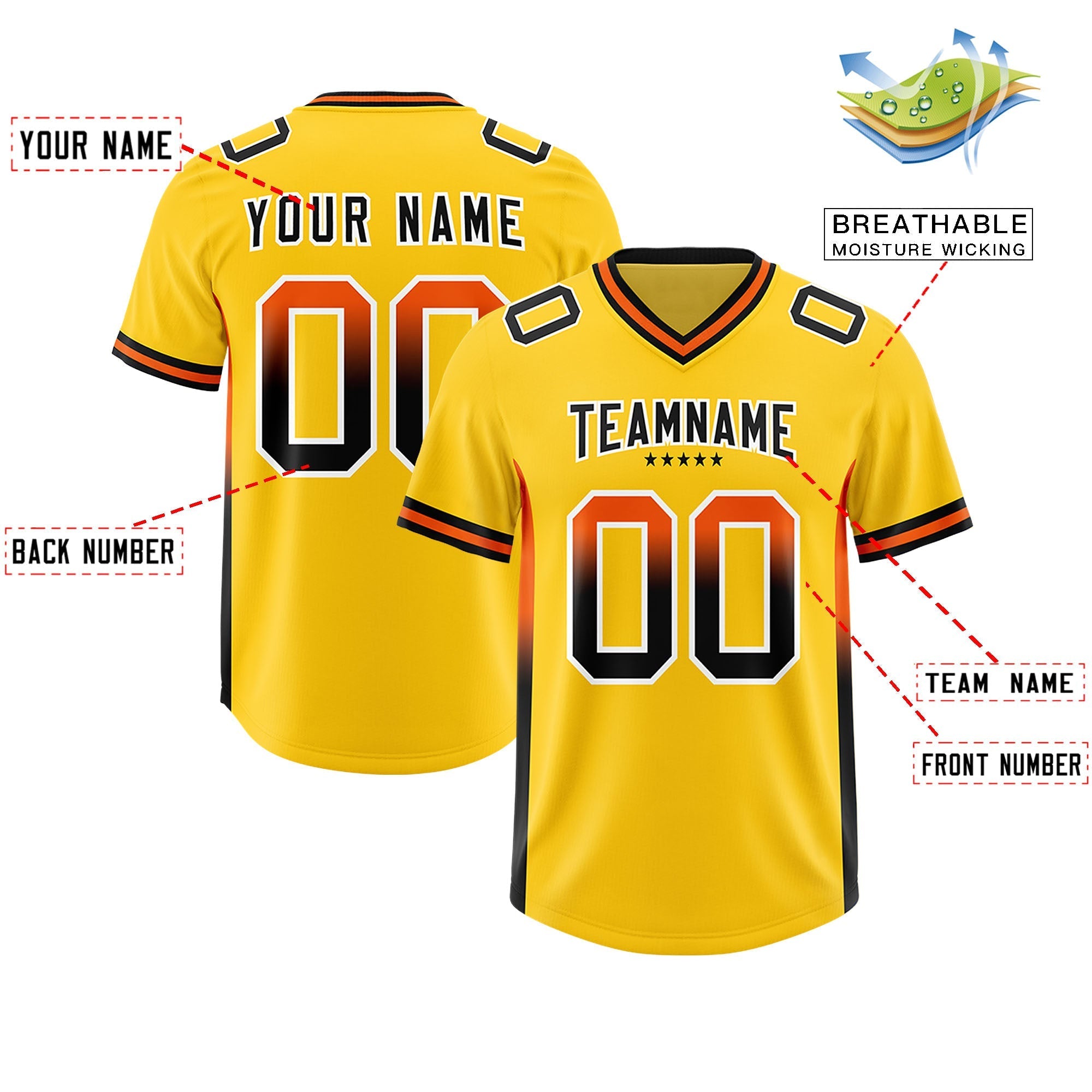 Custom Gold Orange and Black Sides Gradient Fashion Personalized Team American Football Jersey