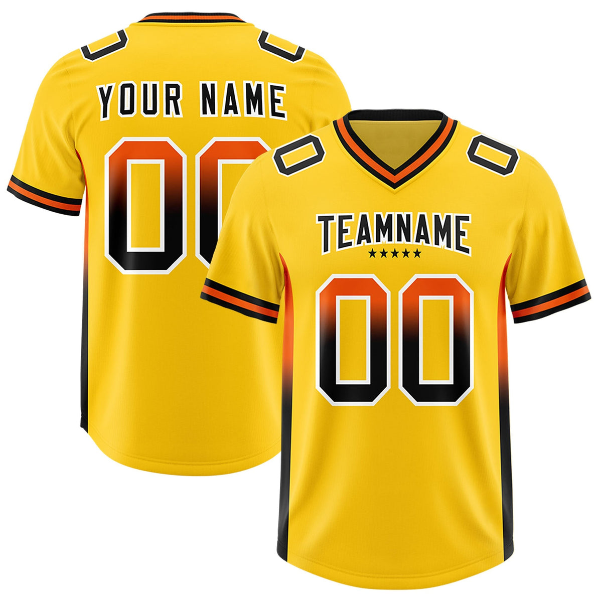 Custom Gold Orange and Black Sides Gradient Fashion Personalized Team American Football Jersey